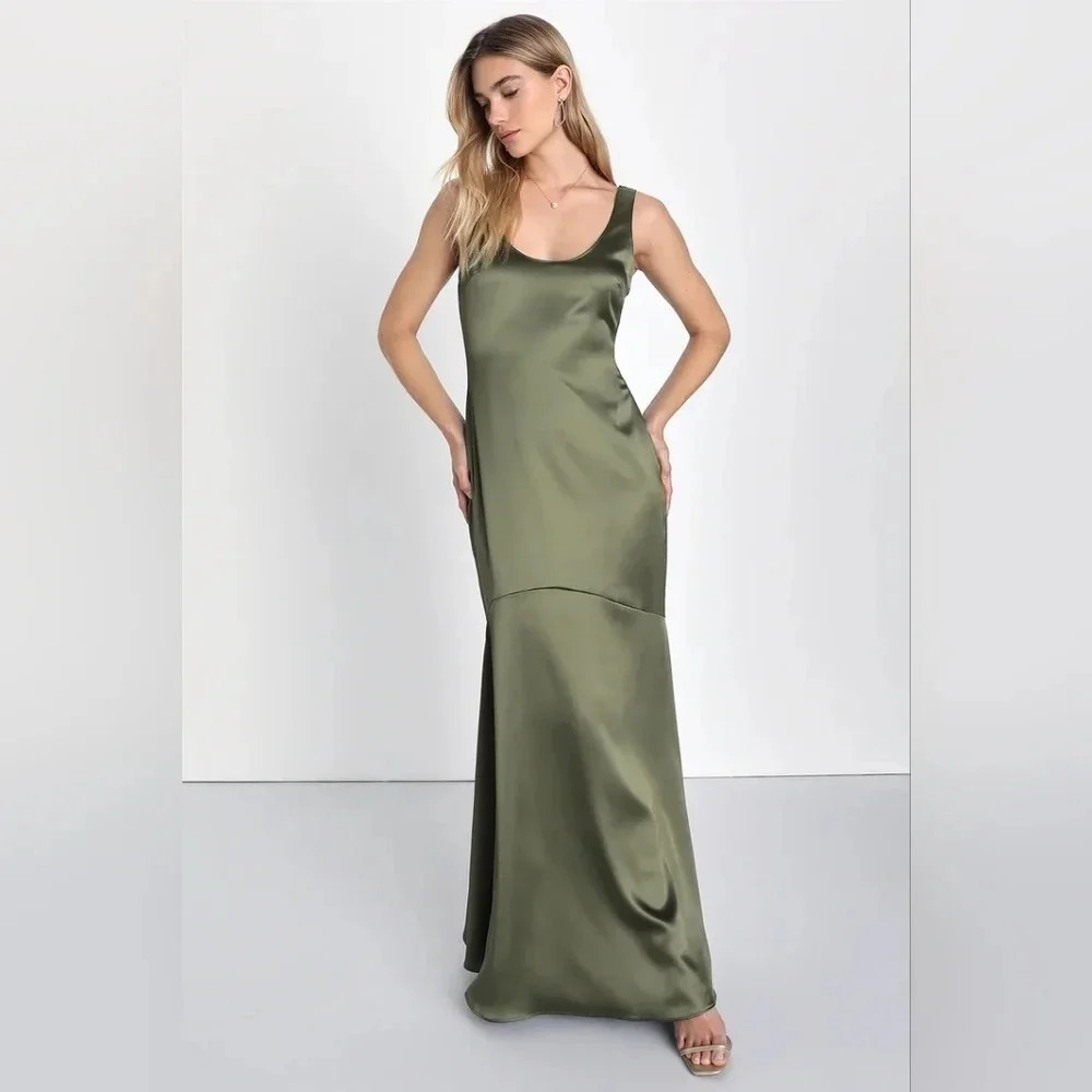 Lulus Enchanting Sophistication Olive Green Satin Mermaid Maxi Dress Party - Picture 2 of 10